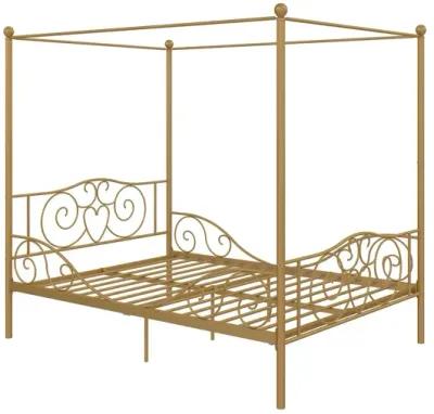 Canopy Metal Bed Frame with Intricate Design Headboard and Secured Slats