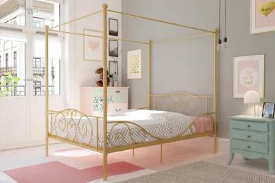 Canopy Metal Bed Frame with Intricate Design Headboard and Secured Slats