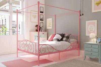 Canopy Metal Bed Frame with Intricate Design Headboard and Secured Slats