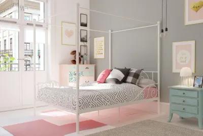 Canopy Metal Bed Frame with Intricate Design Headboard and Secured Slats