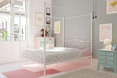 Canopy Metal Bed Frame with Intricate Design Headboard and Secured Slats