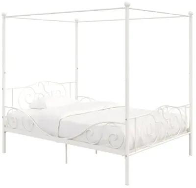 Canopy Metal Bed Frame with Intricate Design Headboard and Secured Slats