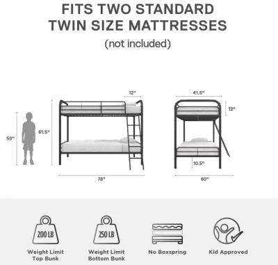 Twin over Twin Metal Bunk Bed with Slanted Front Ladder and Guardrails