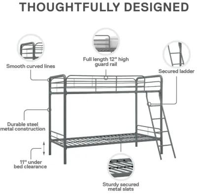 Twin over Twin Metal Bunk Bed with Slanted Front Ladder and Guardrails