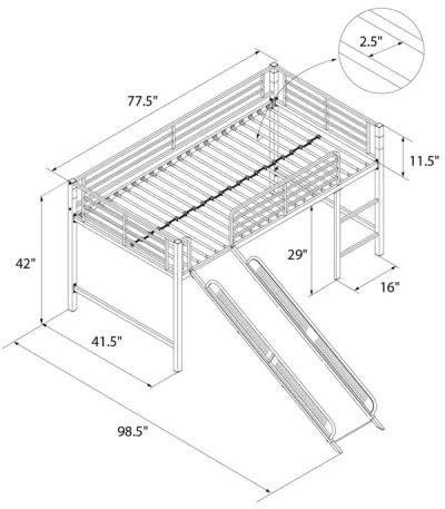 Laurie Junior Loft Bed with Metal Frame and Built-In Slide