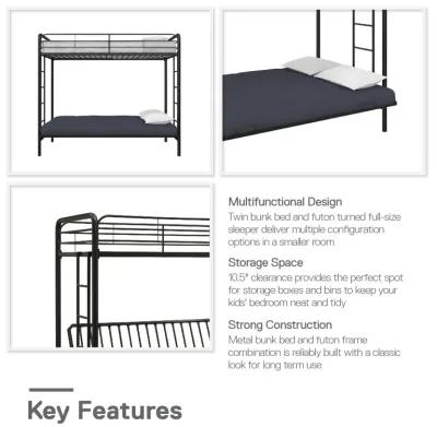 Sammuel Twin over Futon Metal Bunk Bed with Integrated Ladders and Guardrails