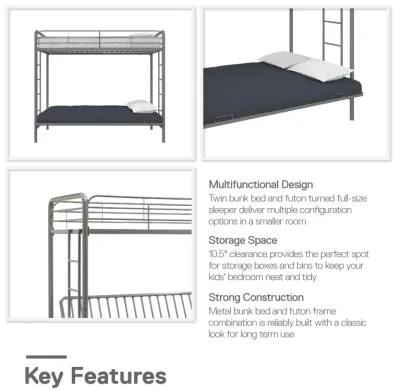 Sammuel Twin over Futon Metal Bunk Bed with Integrated Ladders and Guardrails