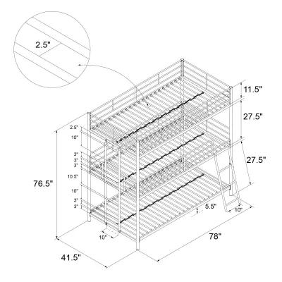 Everleigh Metal Triple Bunk Bed with Metal Slats and 2 Integrated Ladders