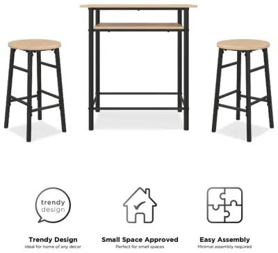 Jace Counter Height Kitchen 3 Piece Pub Set, Wood Finish and Metal Frame, Pub Table and 2 Bar Stools