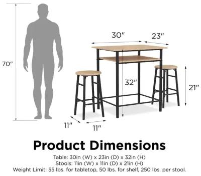 Jace Counter Height Kitchen 3 Piece Pub Set, Wood Finish and Metal Frame, Pub Table and 2 Bar Stools