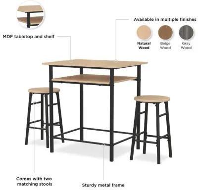 Jace Counter Height Kitchen 3 Piece Pub Set, Wood Finish and Metal Frame, Pub Table and 2 Bar Stools