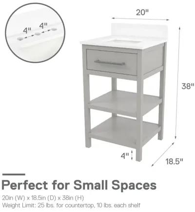 Pisa 20 Inch Bathroom Vanity with Carrera Countertop and 2 Storage Shelves