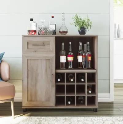 Tindall Modern Farmhouse Bar Cabinet with Pull Out Shelf and 12 Cubbies