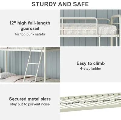 Twin over Twin Metal Bunk Bed with Slanted Front Ladder and Guardrails