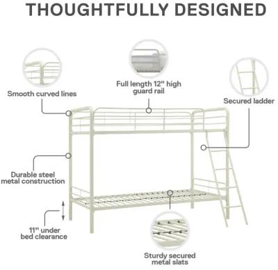 Twin over Twin Metal Bunk Bed with Slanted Front Ladder and Guardrails