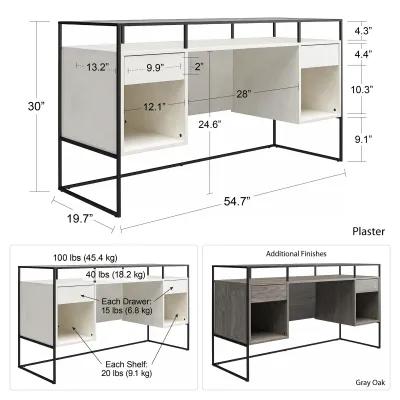 Camley Modern Desk with Fluted Glass Top, 2 Drawers and Storage