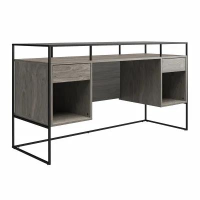 Camley Modern Desk with Fluted Glass Top, 2 Drawers and Storage