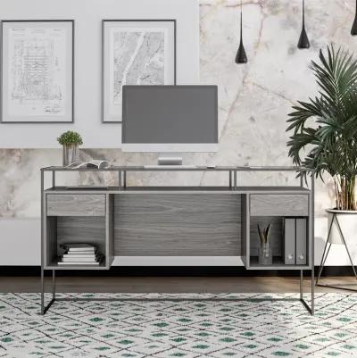 Camley Modern Desk with Fluted Glass Top, 2 Drawers and Storage