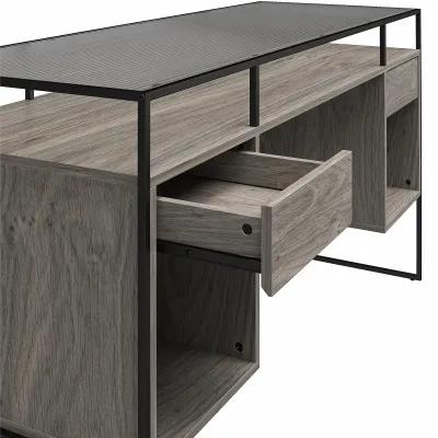 Camley Modern Desk with Fluted Glass Top, 2 Drawers and Storage