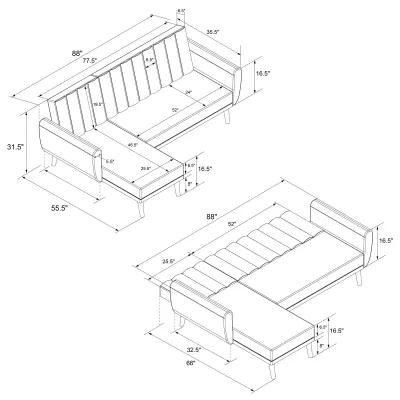 Brittany Sectional Futon Sofa with Vertical Channel Tufting and Curved Armrests