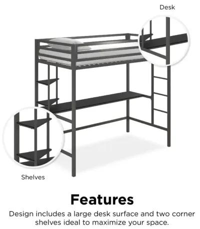 Maxwell Metal Twin Loft Bed with Desk & Shelves