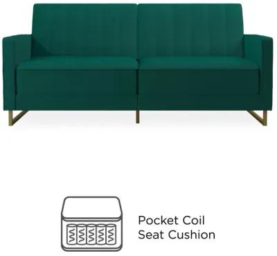 Skylar Coil Velvet Futon with Ribbed Tufted Back and Gold Metal Legs