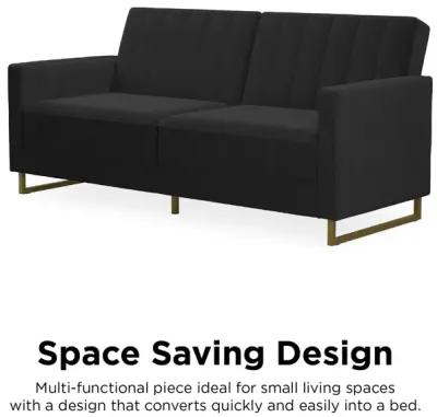 Skylar Coil Velvet Futon with Ribbed Tufted Back and Gold Metal Legs