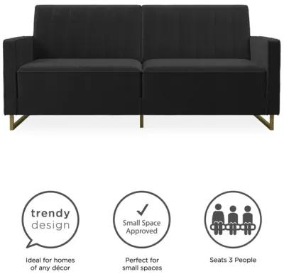 Skylar Coil Velvet Futon with Ribbed Tufted Back and Gold Metal Legs