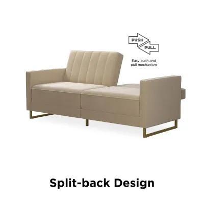 Skylar Coil Velvet Futon with Ribbed Tufted Back and Gold Metal Legs