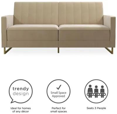 Skylar Coil Velvet Futon with Ribbed Tufted Back and Gold Metal Legs