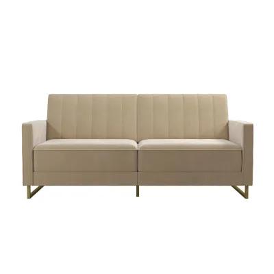 Skylar Coil Velvet Futon with Ribbed Tufted Back and Gold Metal Legs