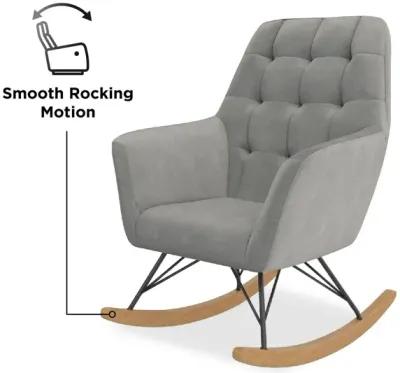 Raven Upholstered Rocker with Square Tufted Detailing and Wood Legs