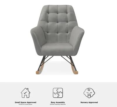 Raven Upholstered Rocker with Square Tufted Detailing and Wood Legs