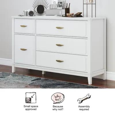 Stella Wide Dresser with 5 Drawers and Gold Feather Drawer Pulls