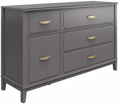 Stella Wide Dresser with 5 Drawers and Gold Feather Drawer Pulls