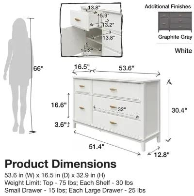 Stella Wide Dresser with 5 Drawers and Gold Feather Drawer Pulls