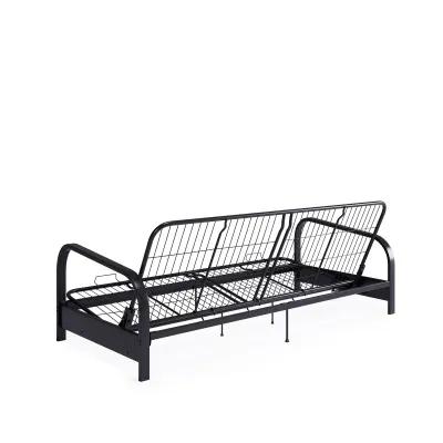 Karli Black Metal Arm Futon Frame with 6" Blue Mattress and EXTRA Black Mattress Cover