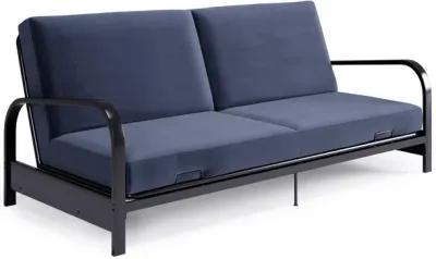 Karli Black Metal Arm Futon Frame with 6" Blue Mattress and EXTRA Black Mattress Cover