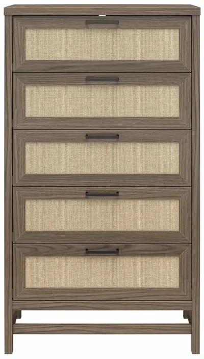 Lennon 5 Drawer Dresser with Faux Rattan and Gold Metal Handles