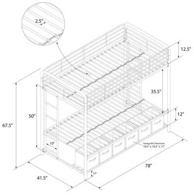 Travis Twin over Twin Metal Bunk Bed with Storage Bins