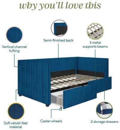 Novogratz Arliss Modern Glam Tuxedo Daybed with Storage, Twin, Blue Velvet