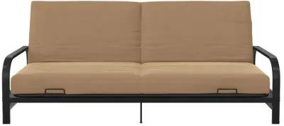 Elbern Black Metal Arm Futon Frame with Tan Linen Slipcover