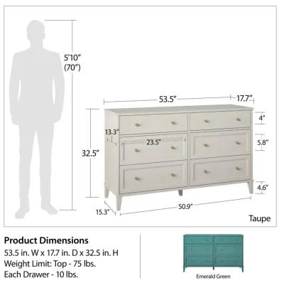 Monticello Wide 6 Drawer Dresser with Gold Accents