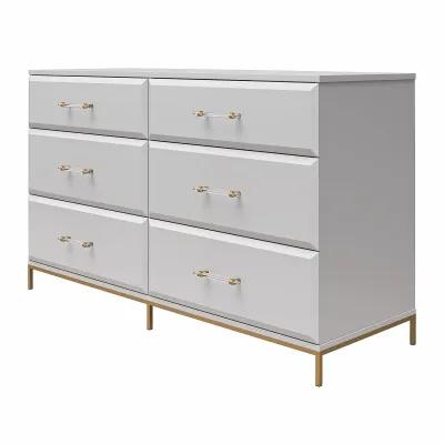 Effie 6 Drawer Dresser with Lucite Gold Pulls and a Gold Metal Legs