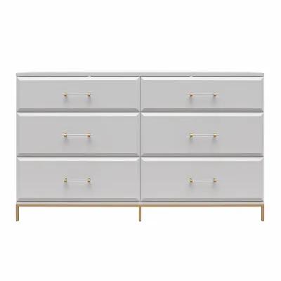 Effie 6 Drawer Dresser with Lucite Gold Pulls and a Gold Metal Legs