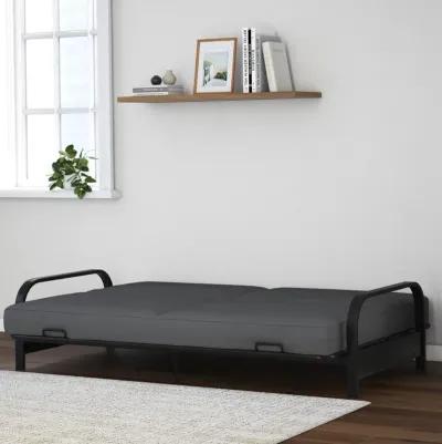 Elbern Black Metal Arm Futon Frame with Tan Linen Slipcover