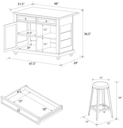 Kelsey Kitchen Island with 2 Stools and Drawers