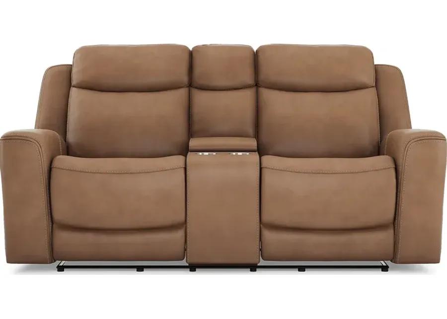 Davidson Caramel Leather Dual Power Reclining Console Loveseat