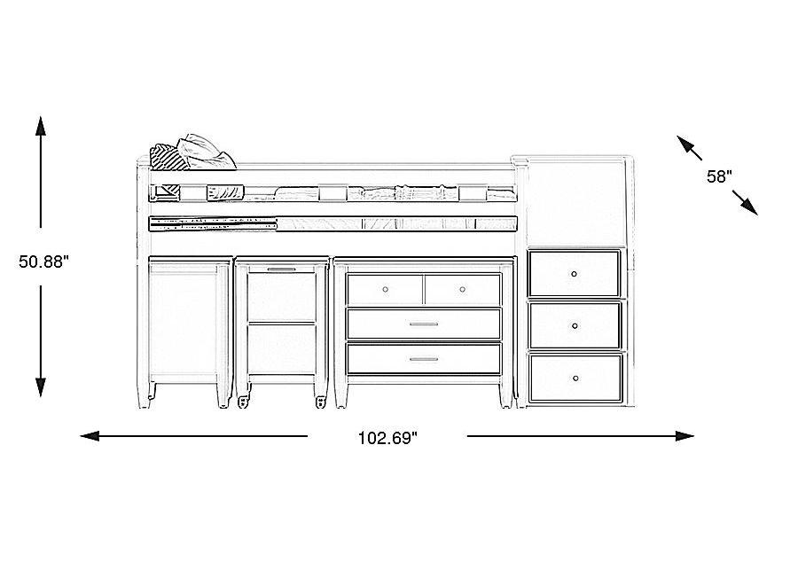 Kids Modern Colors White Full Step Loft with Loft Chest, Bookcase and Desk