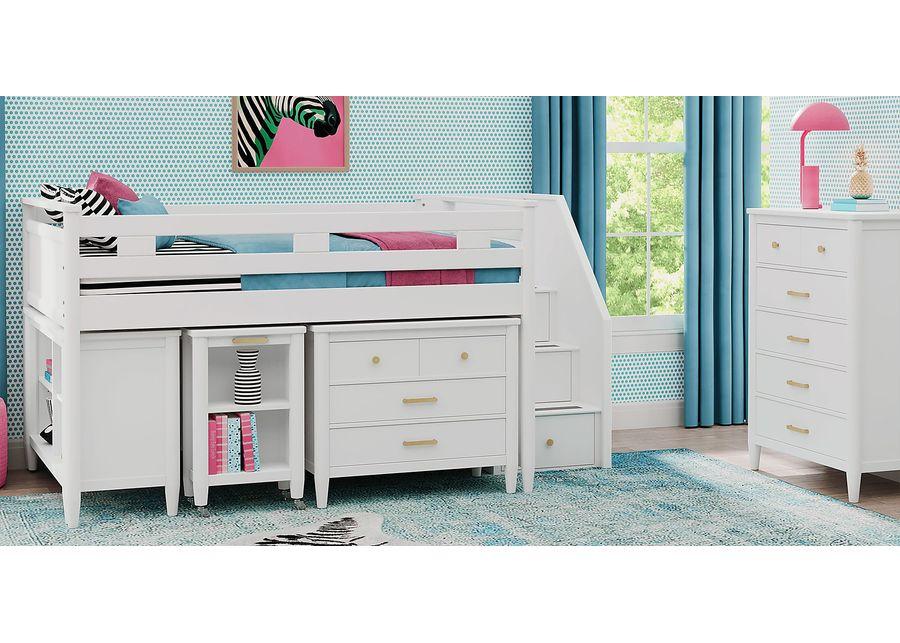 Kids Modern Colors White Full Step Loft with Loft Chest, Bookcase and Desk